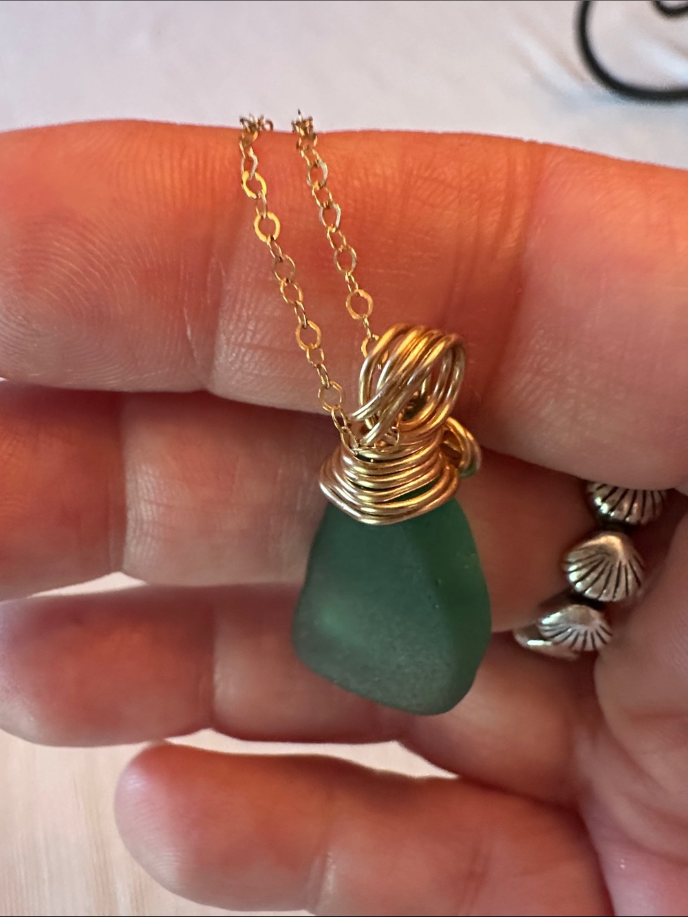 Gold-Wrapped Teal/Green Authentic Sea Glass Pendant w/gold fill chain - Picture 7 of 11